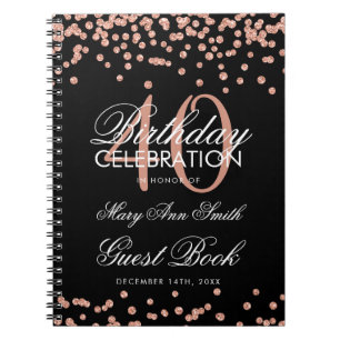 Rose Gold 40th Birthday Guest Book Confetti Black