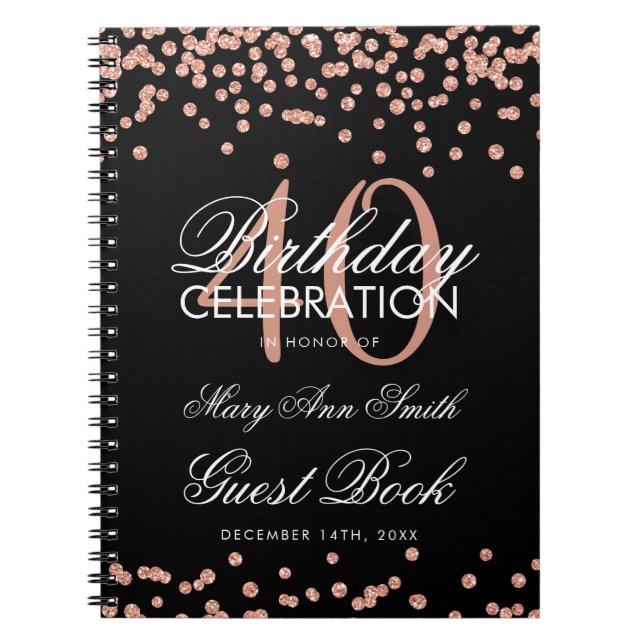 Rose Gold 40th Birthday Guest Book Confetti Black (Front)