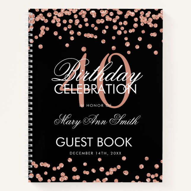 Rose Gold 40th Birthday Guestbook Confetti Black Notebook (Front)