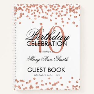 Rose Gold 40th Birthday Guestbook Confetti White Notebook