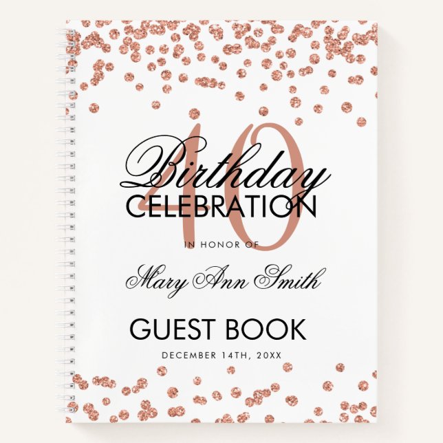 Rose Gold 40th Birthday Guestbook Confetti White Notebook (Front)