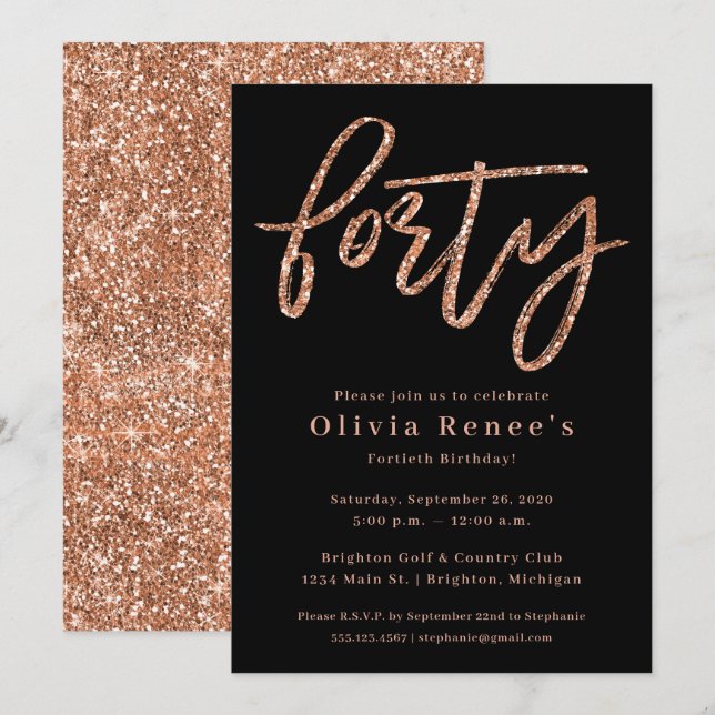 Rose Gold 40th Birthday Invitation Template (Front/Back)