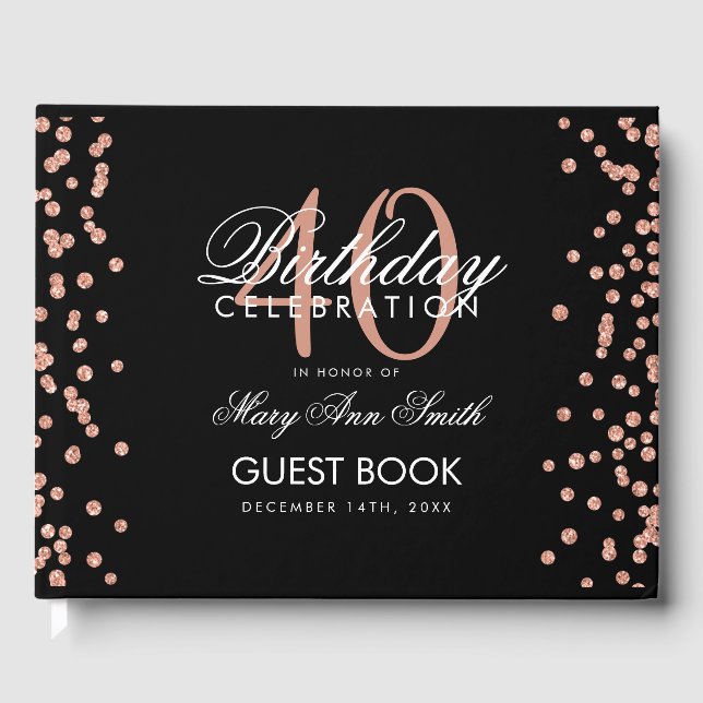 Rose Gold 40th Birthday Party Confetti Black Guest Book (Front)