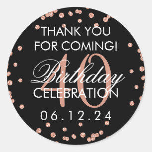 Rose Gold 40th Birthday Thank You Confetti Black Classic Round Sticker