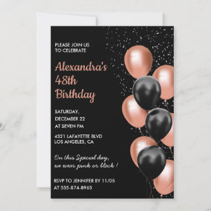 Rose gold 48th birthday invitation Balloon Black