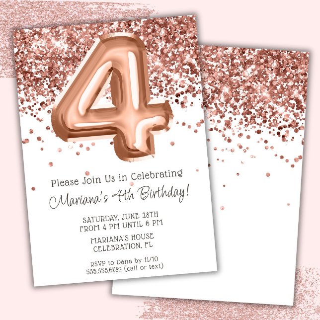 Rose Gold 4th Birthday Party Invitation (Creator Uploaded)