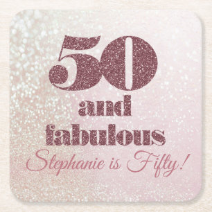 Rose Gold 50 and Fabulous Elegant Fifty Birthday Square Paper Coaster