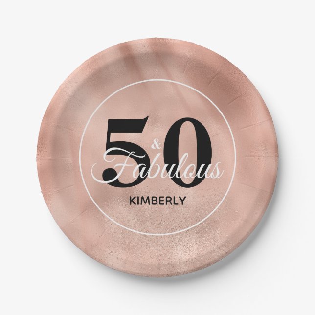 Rose Gold 50 and Fabulous Glam Birthday Party Paper Plate (Front)