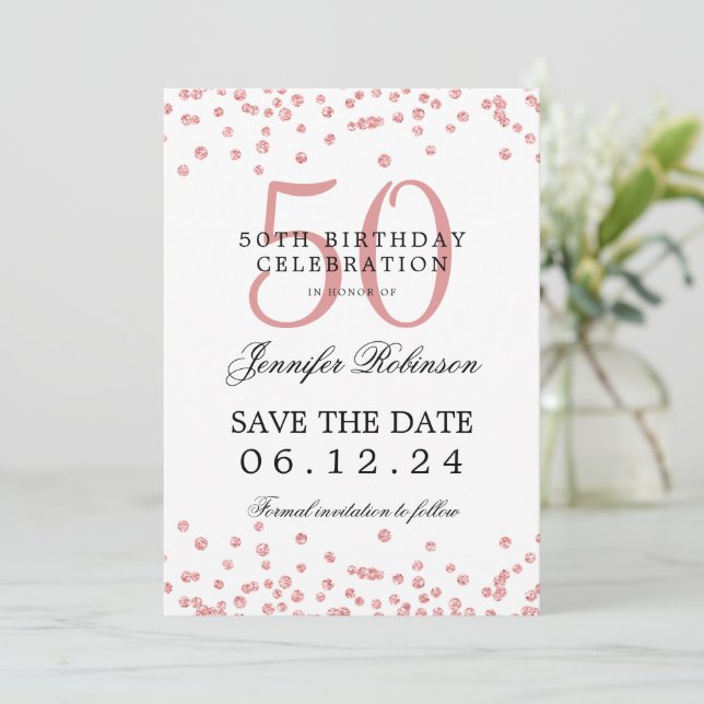Rose Gold 50 Birthday Party Save Date Confetti  Invitation (Standing Front)