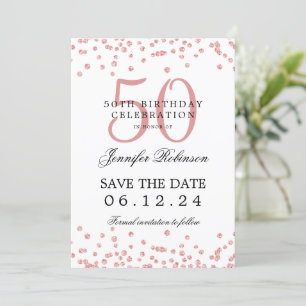 Rose Gold 50 Birthday Party Save Date Confetti  Invitation