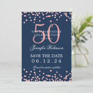 Rose Gold 50 Birthday Save Date Confetti Navy Blue Invitation