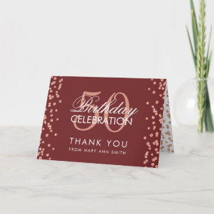 Rose Gold 50 Birthday Thank you Confetti Burgundy Card