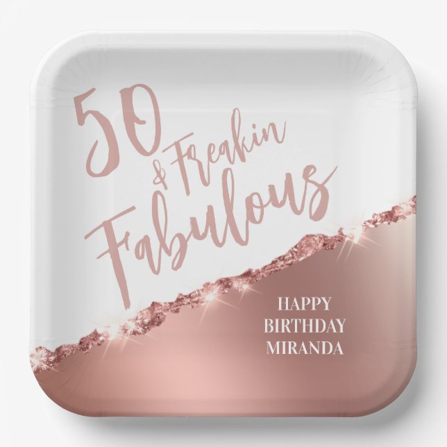 Rose Gold 50 & Fabulous! Fun Typography Birthday Paper Plate (Front)