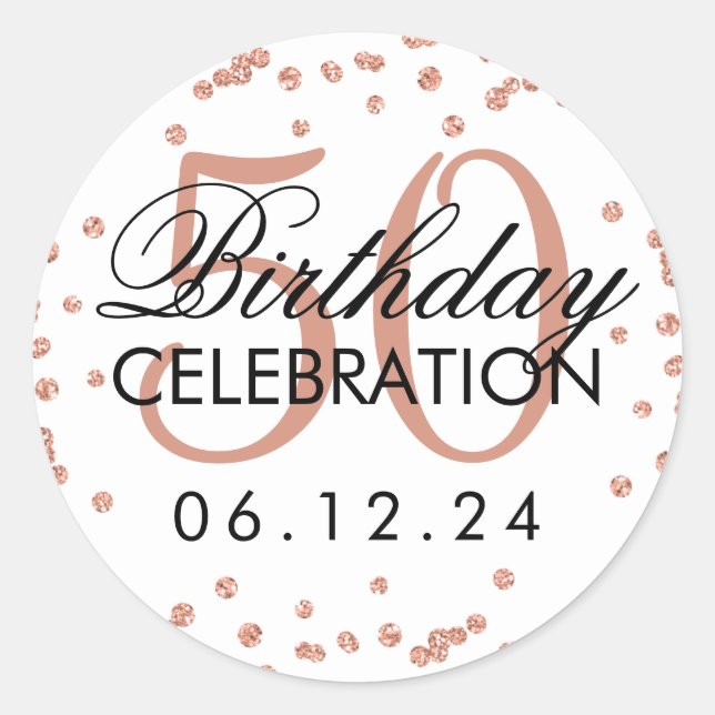 Rose Gold 50th Birthday Faux Glitter Confetti Classic Round Sticker (Front)
