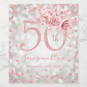 Rose Gold 50th Birthday Floral Glam Lights Silver  Wine Label