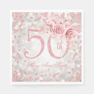 Rose Gold 50th Birthday Floral Lights Silver  Napkin