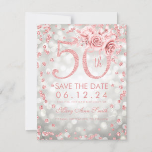 Rose Gold 50th Birthday Glam Lights Silver Save The Date