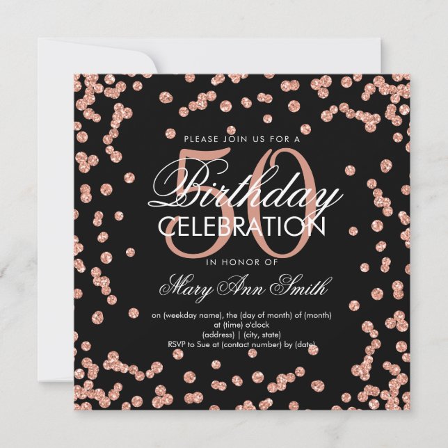 Rose Gold 50th Birthday Glitter Confetti Black Invitation (Front)