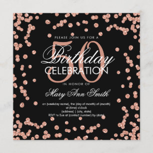 Rose Gold 50th Birthday Glitter Confetti Black Invitation