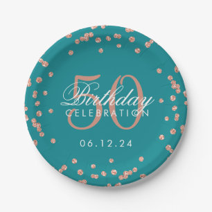 Rose Gold 50th Birthday Glitter Confetti Teal Paper Plate