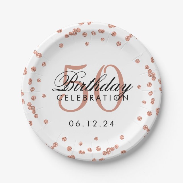 Rose Gold 50th Birthday Glitter Confetti White Paper Plate (Front)