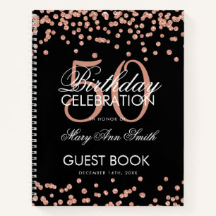 Rose Gold 50th Birthday Guestbook Confetti Black Notebook