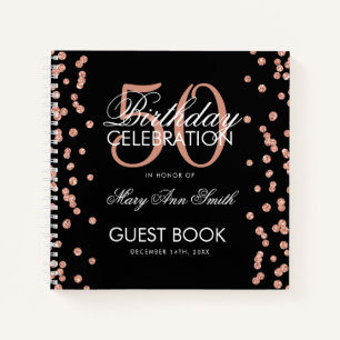 Rose Gold 50th Birthday Guestbook Confetti Black Notebook