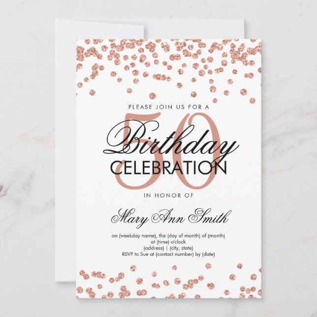Rose Gold 50th Birthday Party Glitter Confetti Invitation (Front)