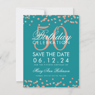 Rose Gold 50th Birthday Save Date Confetti Teal Save The Date