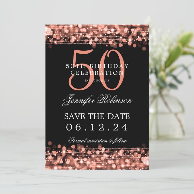 Rose Gold 50th Birthday Save the Date w/ Details Invitation (Standing Front)