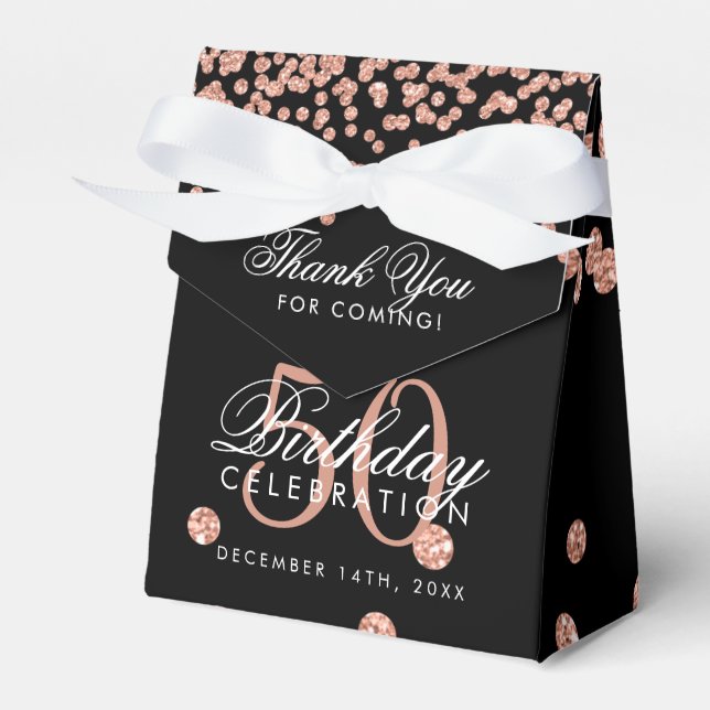 Rose Gold 50th Birthday Thank You Confetti Black Favour Box (Front Side)