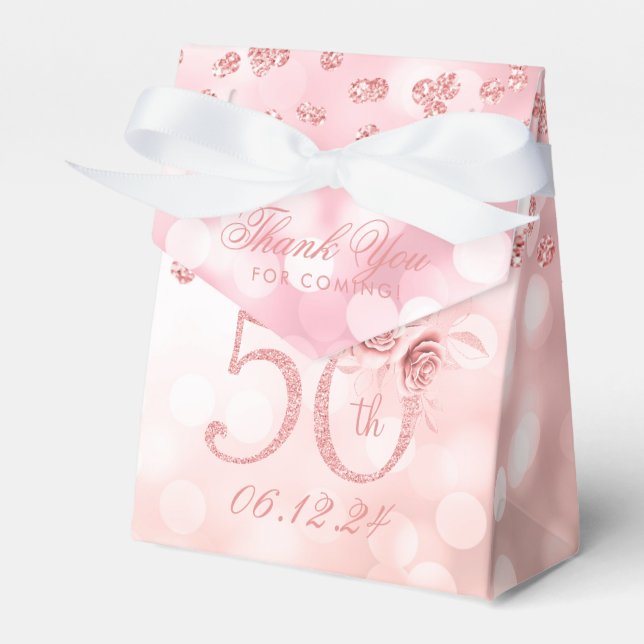 Rose Gold 50th Birthday Thank You Floral Lights Favour Box (Front Side)
