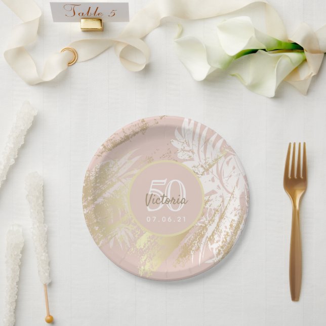 Rose gold 50th birthday tropical palm tree leaves paper plate (Wedding)