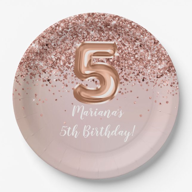 Rose Gold 5th Birthday Party Paper Plate (Front)