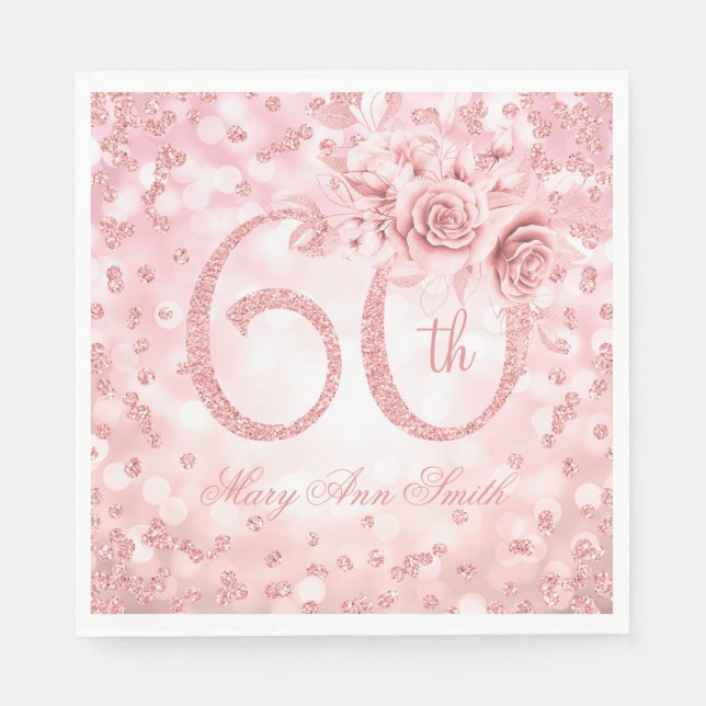 Rose Gold 60th Birthday Floral Glam Lights  Napkin (Front)