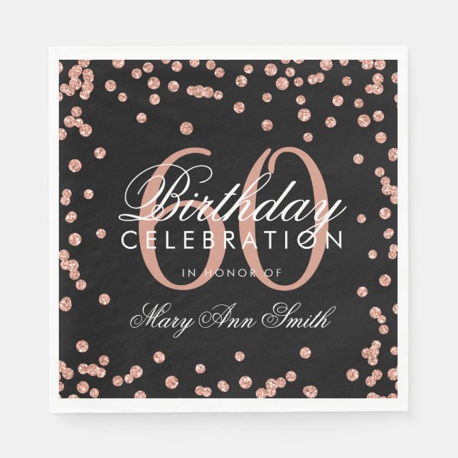 Rose Gold 60th Birthday Glitter Confetti Black Napkin (Front)