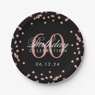 Rose Gold 60th Birthday Glitter Confetti Black Paper Plate