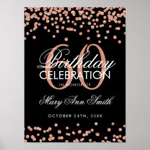 Rose Gold 60th Birthday Glitter Confetti Black Poster
