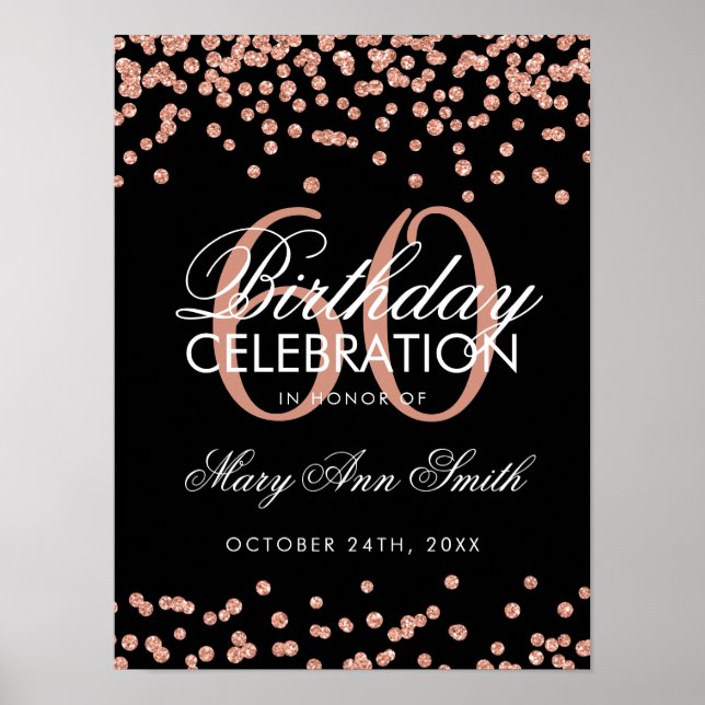 Rose Gold 60th Birthday Glitter Confetti Black Poster (Front)