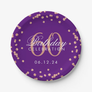 Rose Gold 60th Birthday Glitter Confetti Purple Paper Plate