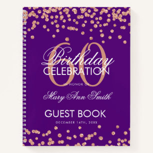 Rose Gold 60th Birthday Guestbook Confetti Purple Notebook
