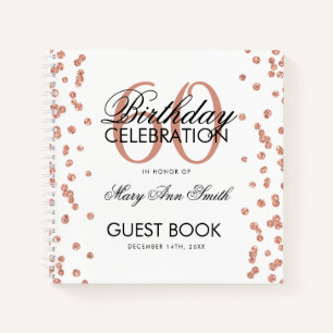 Rose Gold 60th Birthday Guestbook Confetti White Notebook