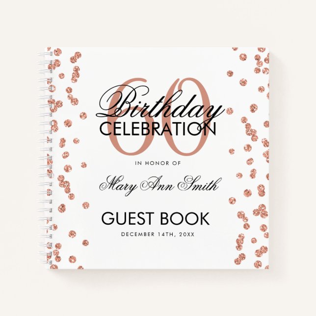 Rose Gold 60th Birthday Guestbook Confetti White Notebook (Front)