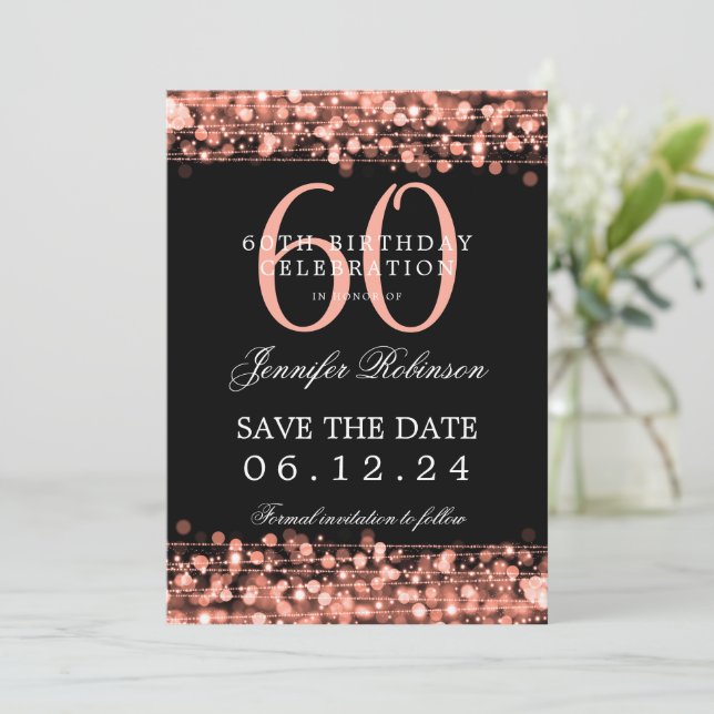 Rose Gold 60th Birthday Save the Date w/ Details Invitation (Standing Front)