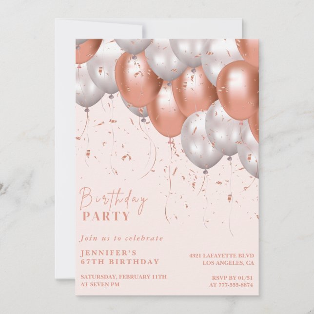 Rose gold 67th birthday invitations Balloon Glam  (Front)