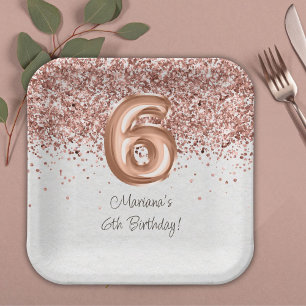 Rose Gold 6th Birthday Party Paper Plate