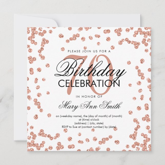 Rose Gold 70th Birthday Elegant Glitter Confetti Invitation (Front)