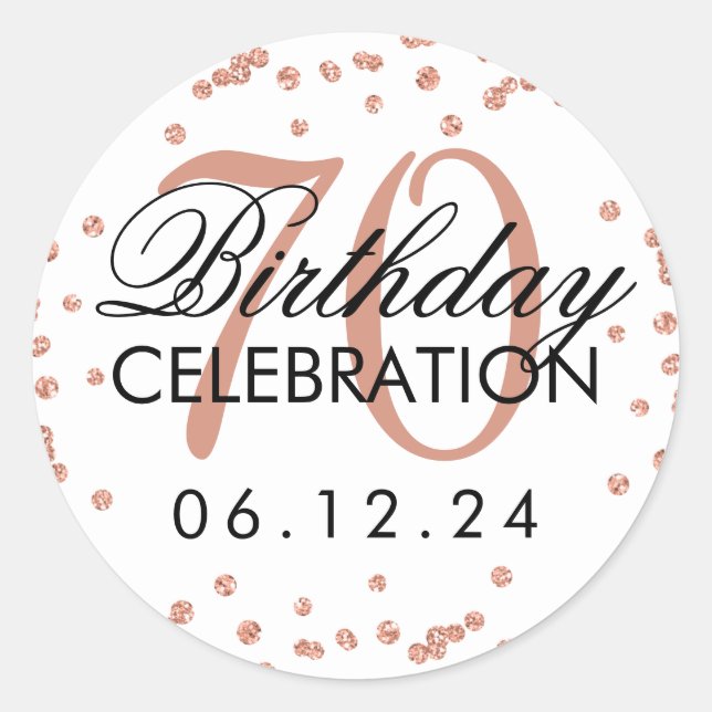 Rose Gold 70th Birthday Faux Glitter Confetti Classic Round Sticker (Front)