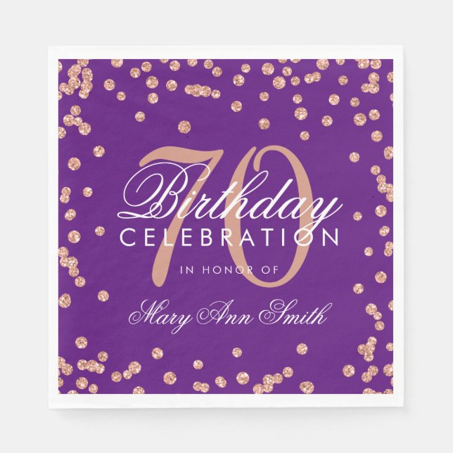 Rose Gold 70th Birthday Glitter Confetti Purple Napkin (Front)