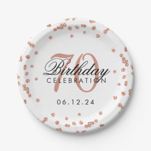 Rose Gold 70th Birthday Glitter Confetti White Paper Plate